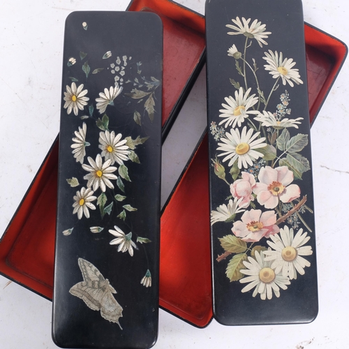 422 - 2 similar Victorian lacquer boxes painted with flowers, L31cm