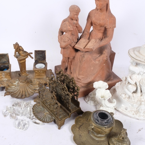 432 - A sculpture of a woman and 2 children, H36cm, 3 brass desk stands, a Derby stand, and a pair of Worc... 