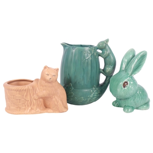 433 - A Sylvac green rabbit, no. 1026, a jug with squirrel figure handle, H20cm, and a cat figure vase