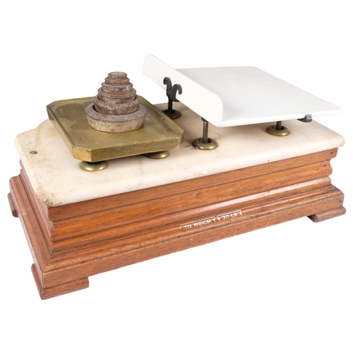 435 - A set of Victorian grocery scales, ceramic and brass weighing plate, with marble top and wooden base... 