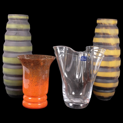 437 - A Villeroy & Boch clear glass vase with wavy rim, H23cm, a mottled orange vase, and 2 similar ribbed... 