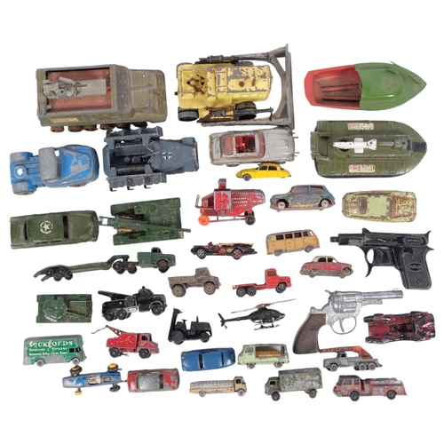 555 - Military diecast vehicles, including Dinky, tinplate boat, diecast cars including Meccano, etc