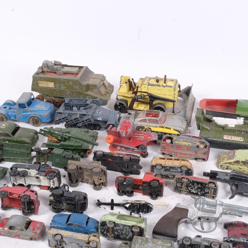 555 - Military diecast vehicles, including Dinky, tinplate boat, diecast cars including Meccano, etc