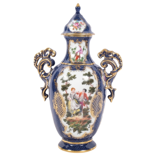 568 - Antique porcelain 2-handled vase and cover, with panels depicting a dancing couple and a tropical bi... 