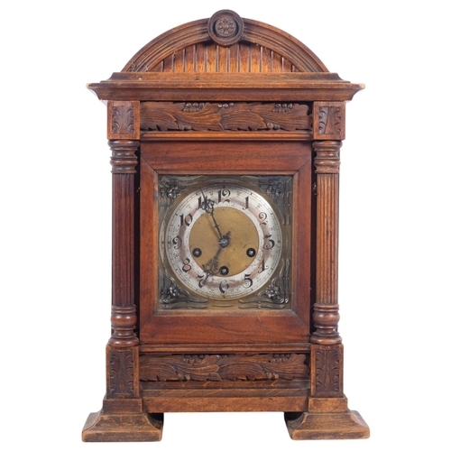 584 - Antique carved wood-cased mantel clock, with 3-train movement, H47.5cm