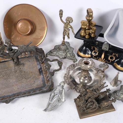 469 - Kitchen scale, tea tray, figures, candlestick, etc