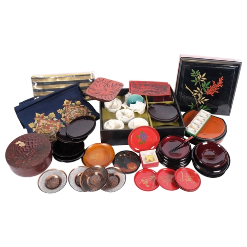 607 - Japanese lacquer boxes, etc, table runner, and dishes