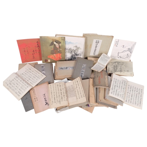 608 - 3 pine tray containing a large quantity of Japanese literature, and a box with unframed pictures