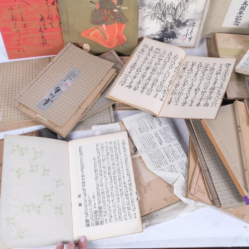 608 - 3 pine tray containing a large quantity of Japanese literature, and a box with unframed pictures