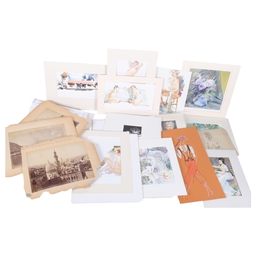 612 - 3 folders of unframed watercolours, sketches and drawings