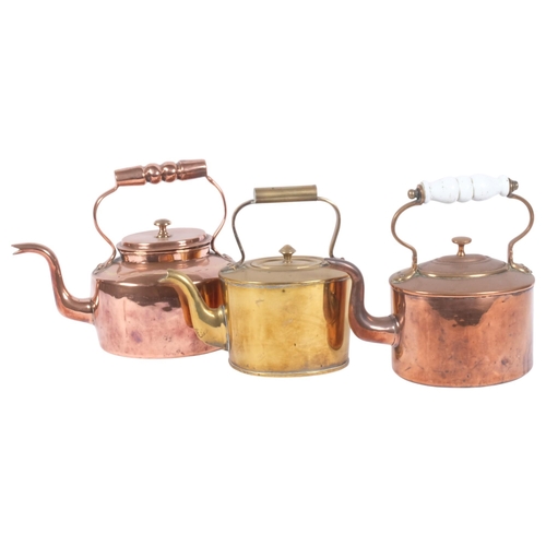 615 - 2 Victorian oval copper kettles, and a similar brass one, H19cm