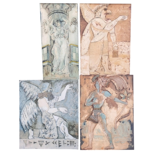 617 - 4 unframed painted collages, depicting Classical figures and an Egyptian God, 38cm x 27cm