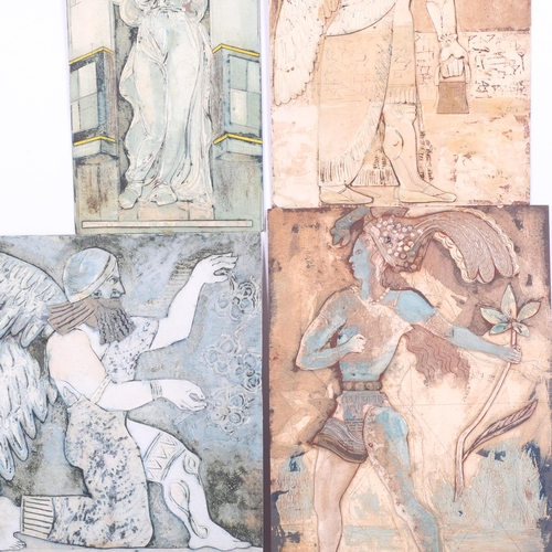 617 - 4 unframed painted collages, depicting Classical figures and an Egyptian God, 38cm x 27cm