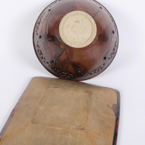 618 - Glazed and pierced stoneware bowl, monogramed MD, 28cm across, and a Ray Finch, Winchcombe pottery  ... 