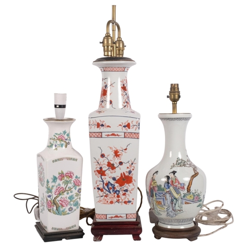 630 - 3 Oriental porcelain table lamps, 1 with Imari decoration, H64cm