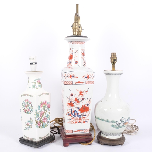 630 - 3 Oriental porcelain table lamps, 1 with Imari decoration, H64cm