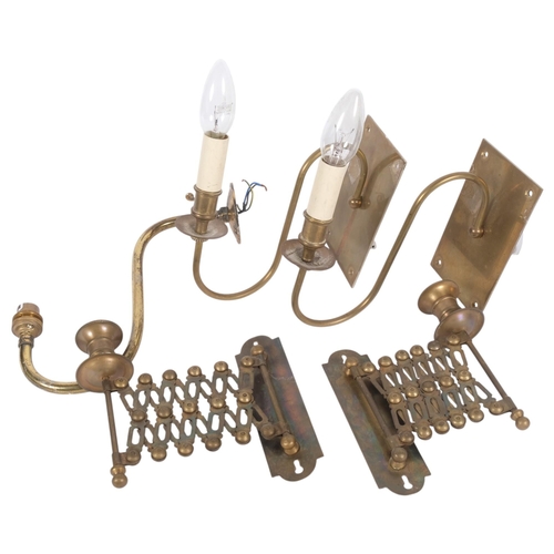 631 - A pair of brass extending wall-mounted candle holders, a pair of brass wall lights, and another