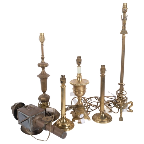 632 - A Classical design brass table lamp on tripod base, 68cm, 4 other brass table lamps, and a porch lan... 