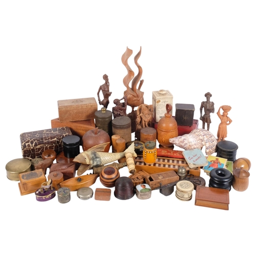 647 - Wood carvings, small boxes, money box, advertising dominos, etc