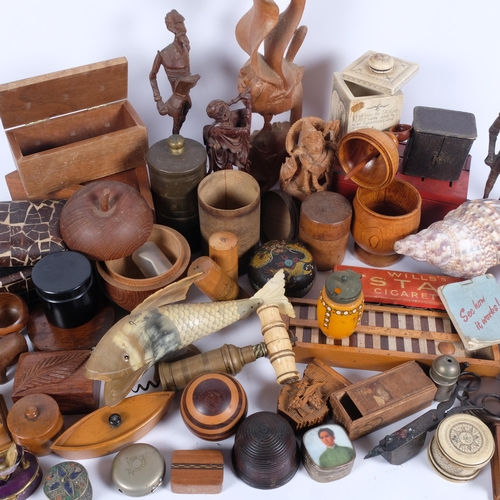 647 - Wood carvings, small boxes, money box, advertising dominos, etc