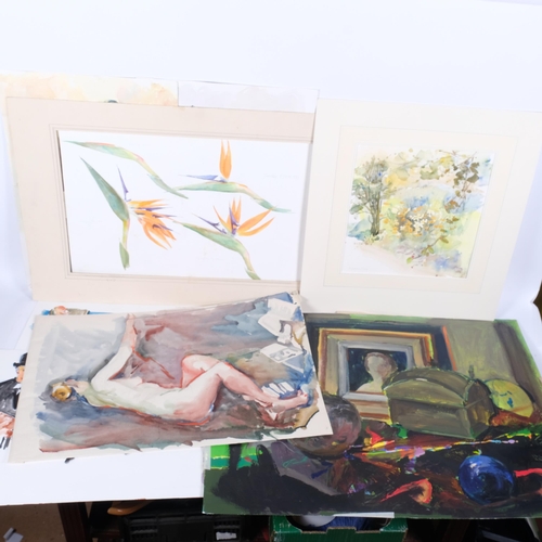 648 - A quantity of unframed drawings, sketches, and watercolours, some signed