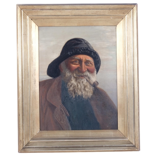 664 - An oil on canvas, portrait of an elderly gentleman smoking a pipe, in giltwood overpainted frame, un... 