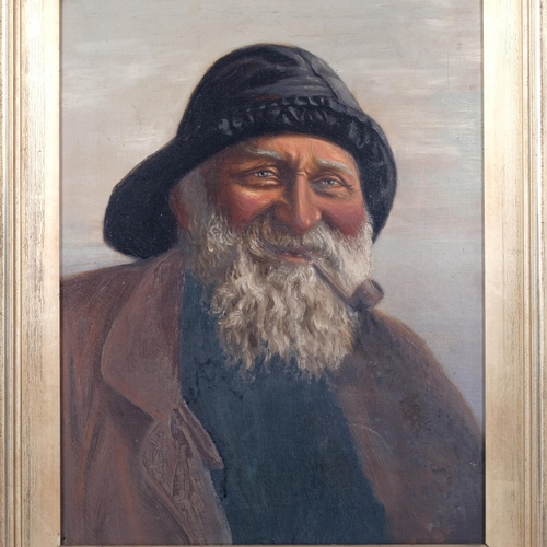 664 - An oil on canvas, portrait of an elderly gentleman smoking a pipe, in giltwood overpainted frame, un... 