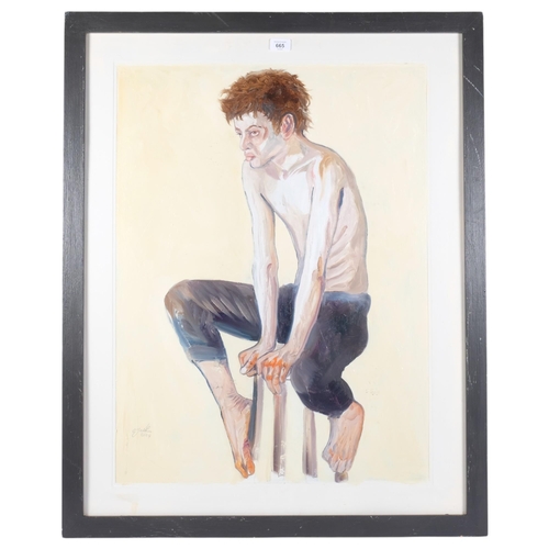 665 - Clive Fredriksson, large oil on board depicting a young man seated on a stool, 98cm x 79cm overall, ... 