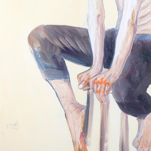 665 - Clive Fredriksson, large oil on board depicting a young man seated on a stool, 98cm x 79cm overall, ... 