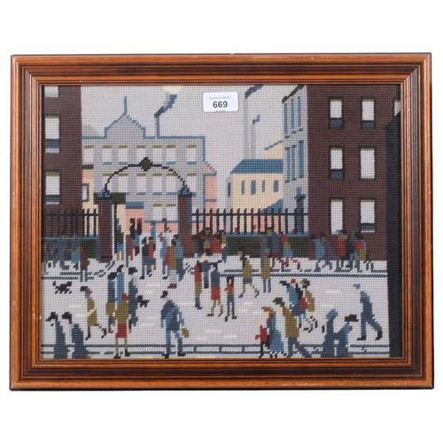 669 - A pair of framed cross-stitch pictures, after Lowry, framed, largest 36cm x 46cm