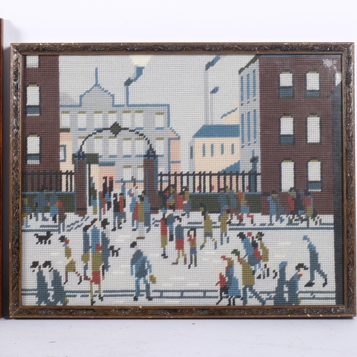 669 - A pair of framed cross-stitch pictures, after Lowry, framed, largest 36cm x 46cm