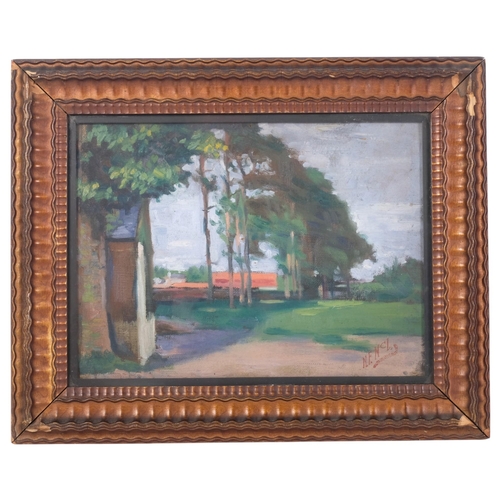 670 - A pair of Antique oil paintings, wooded landscapes, signed H. E. McL, in ornate embossed frames, 35c... 