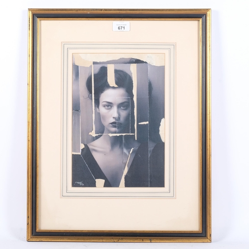 671 - Clive Fredriksson, collage portrait of a young lady, in glazed frame, 52cm x 41cm overall