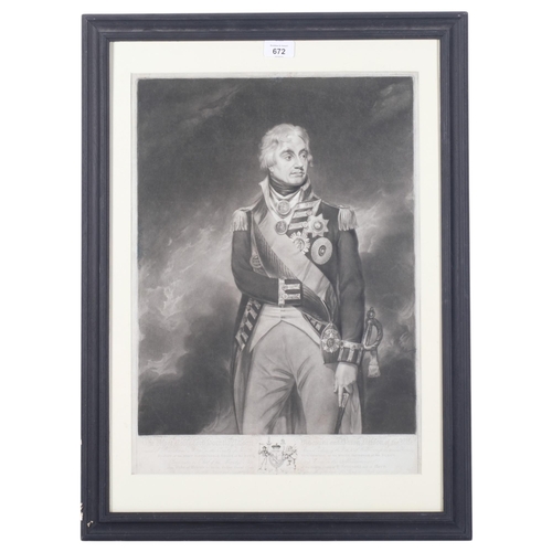 672 - Monochrome portrait print of Lord Horatio Nelson with text, in glazed frame, 67cm x 49cm