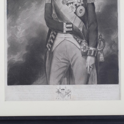 672 - Monochrome portrait print of Lord Horatio Nelson with text, in glazed frame, 67cm x 49cm