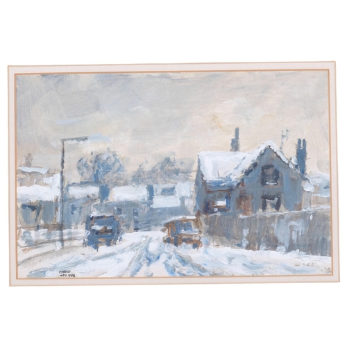 674 - Robert Hay (born 1937), winter in a Sutton back street, acrylic on board, 1988, 15cm x 23cm, framed,... 