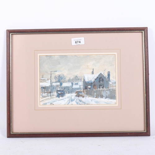 674 - Robert Hay (born 1937), winter in a Sutton back street, acrylic on board, 1988, 15cm x 23cm, framed,... 