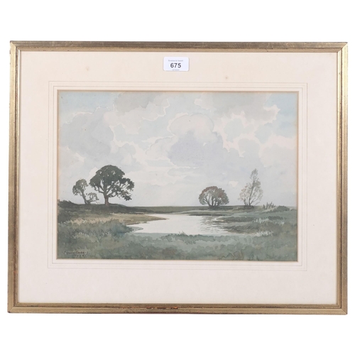 675 - Edwin Lawson James Harris (1891 - 1961), watercolour, landscape with trees and pond, framed, 42cm x ... 