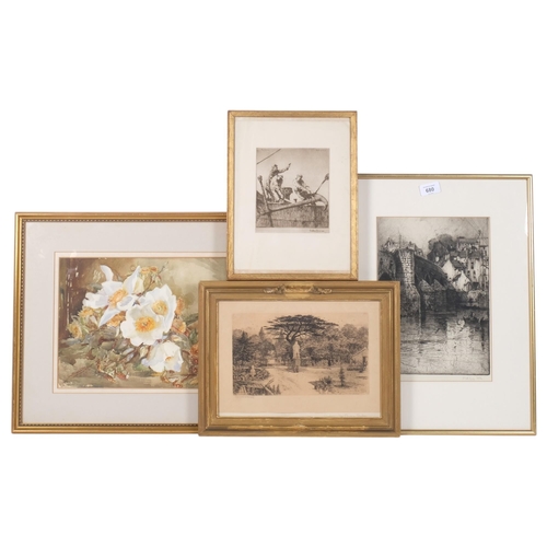 680 - Gilt-framed watercolour, floral study, etching, figures by a town bridge, engraving, Chelsea Physic ... 