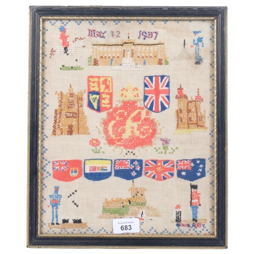 683 - An Antique sampler depicting various Royal motifs, buildings and flags of The Commonwealth, stitch s... 