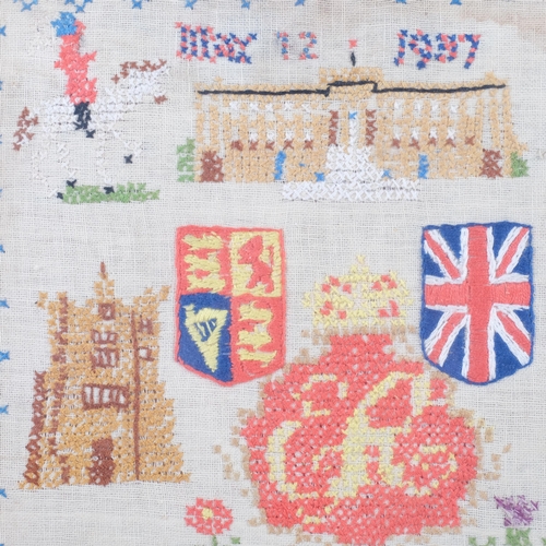 683 - An Antique sampler depicting various Royal motifs, buildings and flags of The Commonwealth, stitch s... 