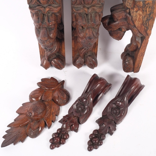 690 - A group of 3 x 19th century carved lion corbel bracket supports, and a selection of similar carved s... 