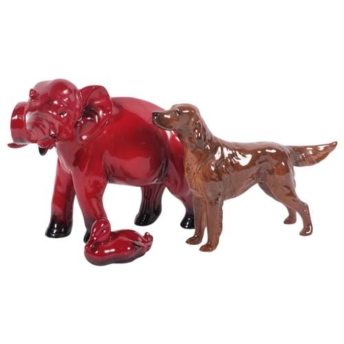 696 - A Royal Doulton Flambe ceramic elephant, stamp to foot, H16cm, a Royal Doulton Flambe duck, and a Be... 