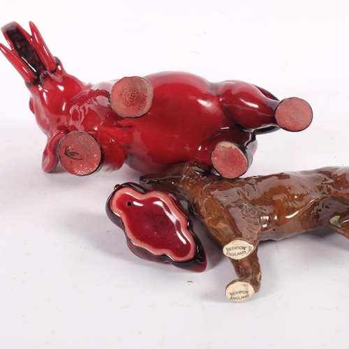 696 - A Royal Doulton Flambe ceramic elephant, stamp to foot, H16cm, a Royal Doulton Flambe duck, and a Be... 