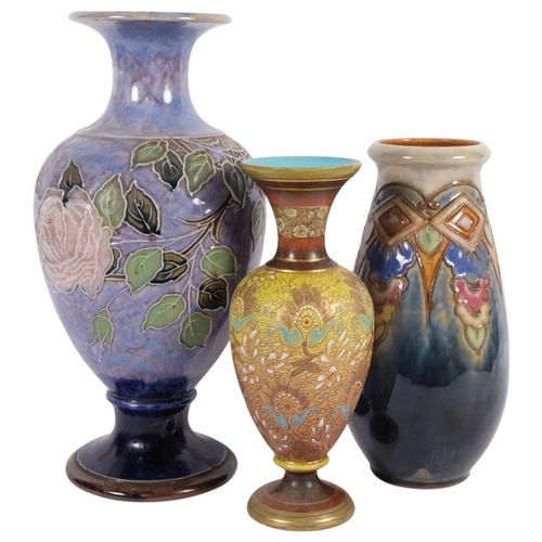 698 - A group of 3 Royal Doulton stoneware vases with glazed decoration, including a turquoise blue vase, ... 