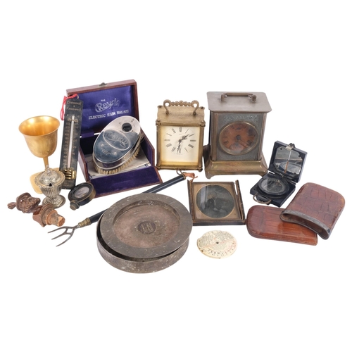 701 - A group of interesting items, including various carriage clocks, an Antique daguerrotype, a silver-m... 