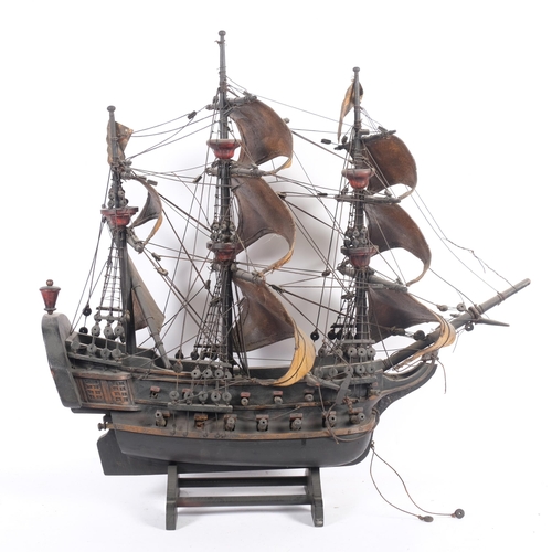 708 - A scratch-built wooden galleon ship, with 3 masts, and associated wooden stand, L68cm, H68cm