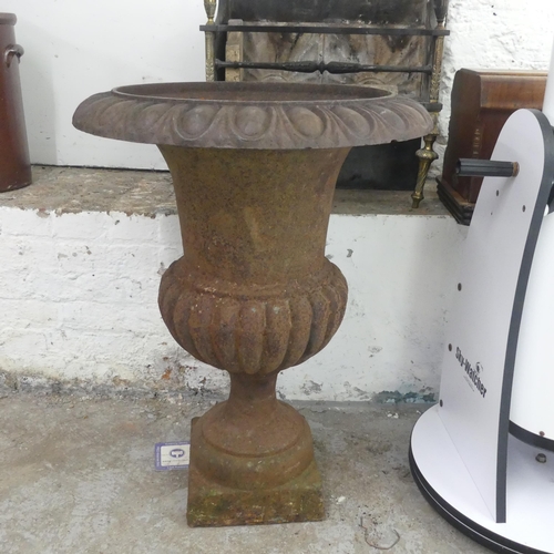 2646 - A cast iron campana style urn. Diameter 57cm, height 77cm.