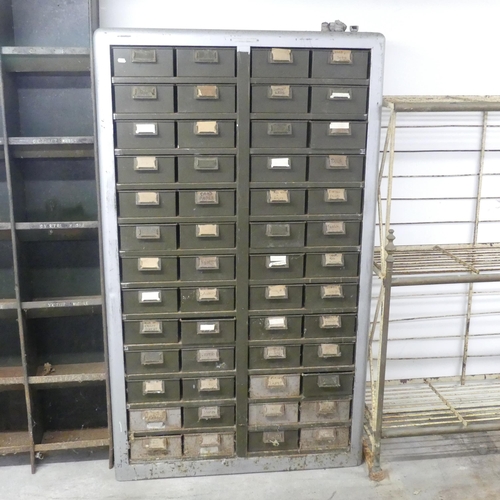 2659 - A vintage painted industrial bank of 52 drawers, labelled for Colangular. Width 98cm, height 167cm, ... 