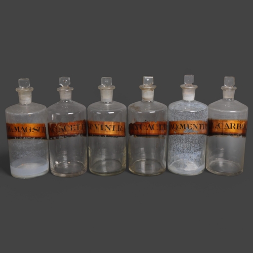 3001 - A group six clear glass apothecary bottles, each with stopper, all have period gold gilt paper label... 